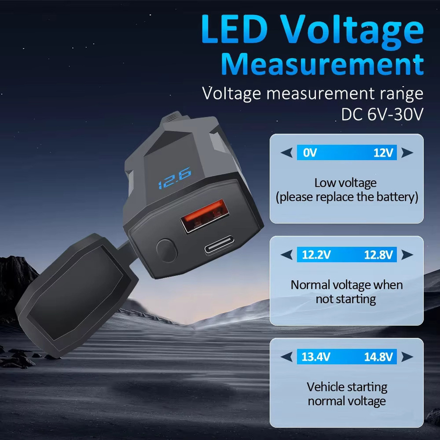 Motorrad USB Ladegerät mit Voltmeter und PD QC3.0 Schnellladefunktion, Dual USB Buchse mit USB-C, wasserdicht, Schwarz, 12V Adapter für den Lenker - Bild 3