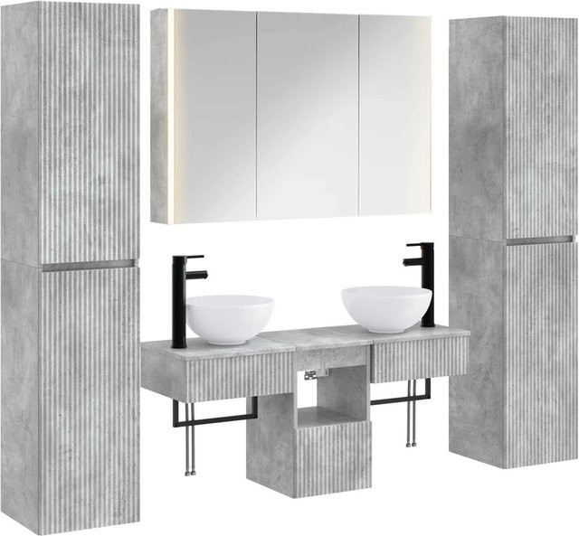 vidaXL Badezimmermöbel-Set 6-teilig in Betongrau aus Ingenieurholz und Glas mit LED-Beleuchtung und Glastüren - Bild 1
