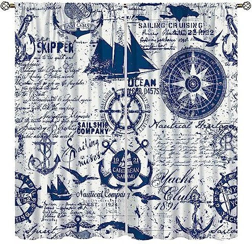 Yiran Furniture Vorhänge im Vintage-Stil mit nautischem Anker-Motiv, 2er Set, Blau, B: 55 cm, H: 120 cm - Bild 1