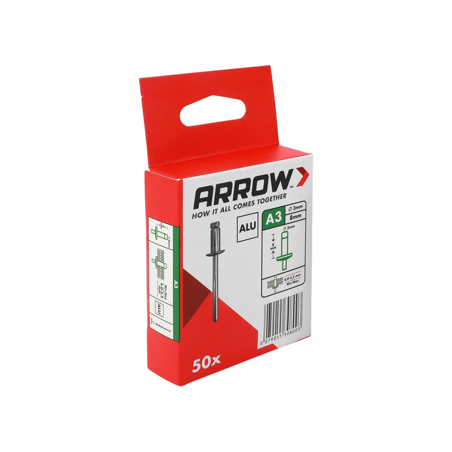 Arrow Blindniete aus Aluminium Ø 3 mm x 8 mm, 50 Stück, Silber/Grau - Bild 2