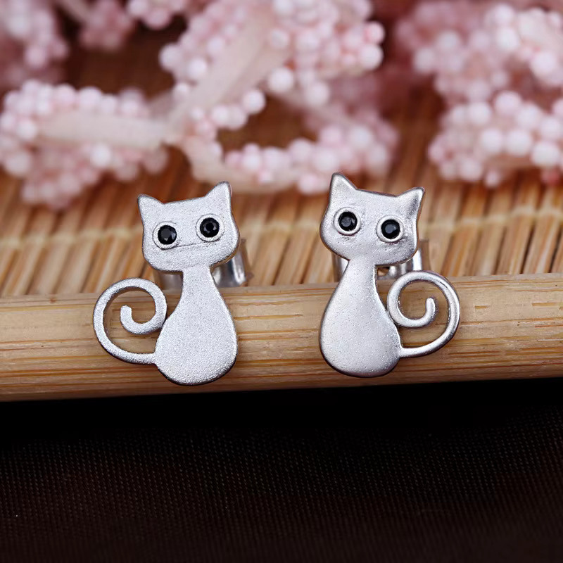 GaGa-Duck Ohrstecker 925 Sterling Silber, Schwarze Augen, Kristall, Katze, Damen - Bild 2