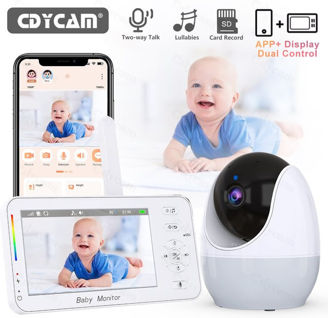 Cdycam Baby Monitor mit 4,3 Zoll Display, 1080P HD WiFi Kamera, Nachtsicht, Temperaturanzeige und App-Steuerung in Weiß - Bild 1