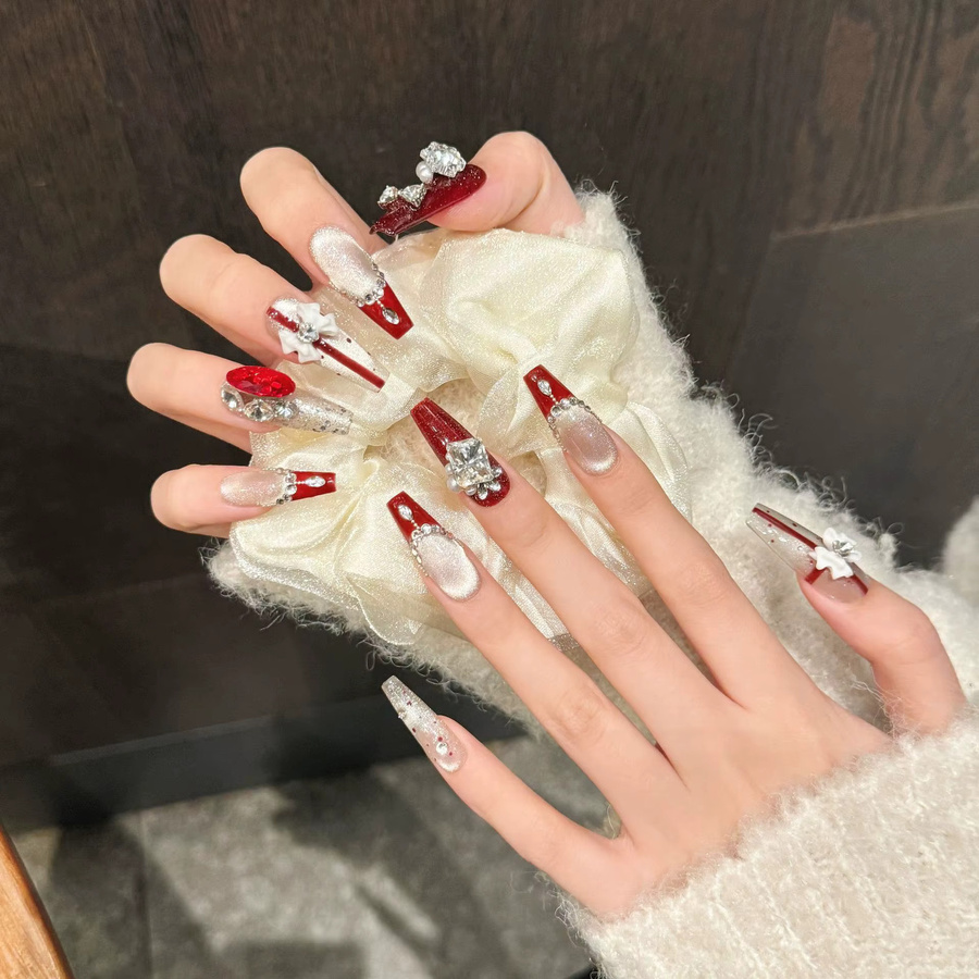YADORNOS Kunstnägel, Rot, Glänzend, 3D-Schleife, Kristall-Design, Unisex - Bild 3