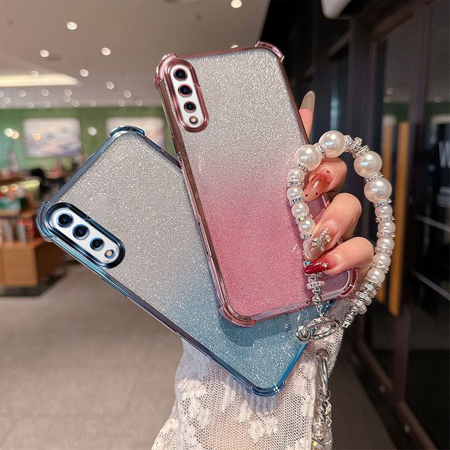 Stoßfeste TPU-Handyhülle mit Gradient Glitter und Perlenketten-Handgelenksband für Huawei 9X Pro, Y9s und P Smart Pro 2019 in Pink - Bild 1