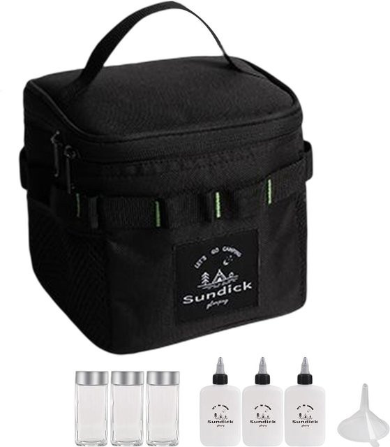 SUNDICK Super Six Gewürzflaschen-Set aus Glas mit Aufbewahrungstasche in Schwarz für Camping und Outdoor-Reisen - Bild 1