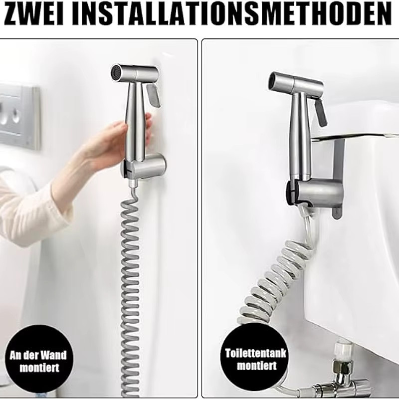 Abay Hand-Bidet-Toilettensprühgerät-Set aus Edelstahl in Silber mit 3-Wege-Ventil und Faltenbalg - Bild 3