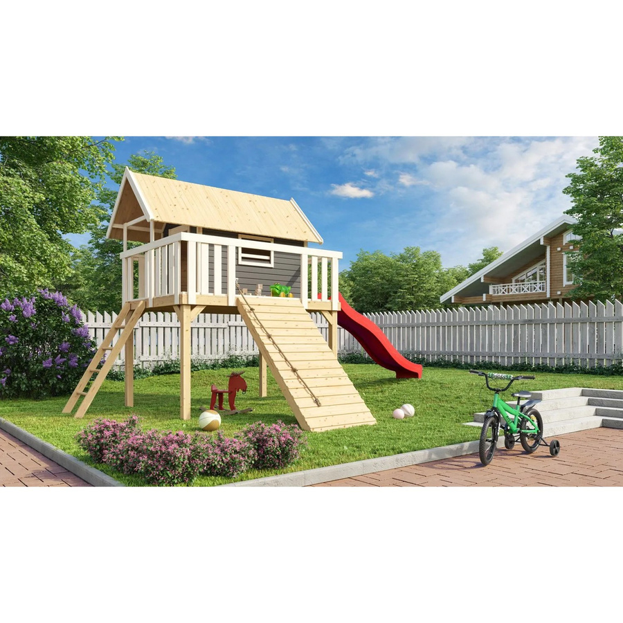 Karibu Stelzenhaus Fidel Set in Terragrau mit roter Wellenrutsche und Holzrampe, B/H/T: 198 x 329,5 x 243 cm - Bild 2