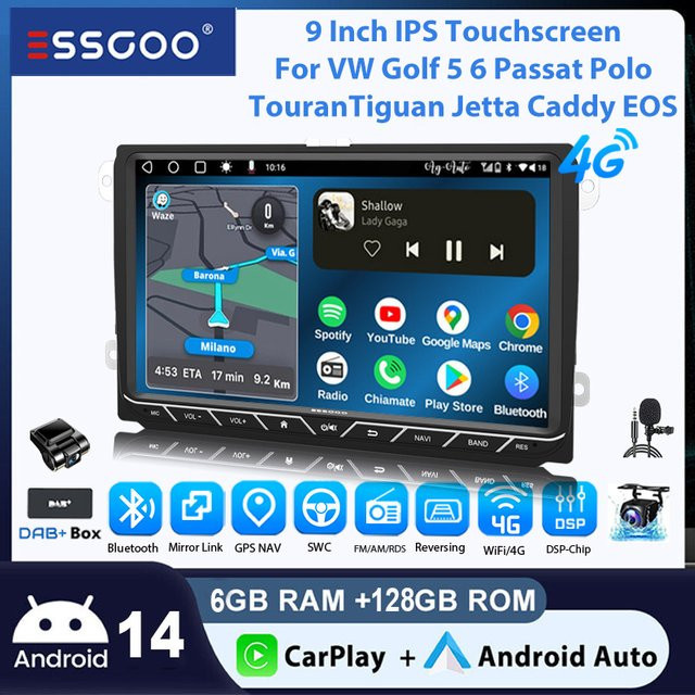 ESSGOO Android 14 Autoradio mit 9 Zoll Display, 6+128 GB Speicher, 8 Kern Prozessor, Wireless CarPlay und Android Auto, Schwarz, inklusive GPS und 4G-Internet für VW Golf 5 6, Passat, Polo, Touran, Tiguan, Jetta, Caddy und EOS - Bild 1