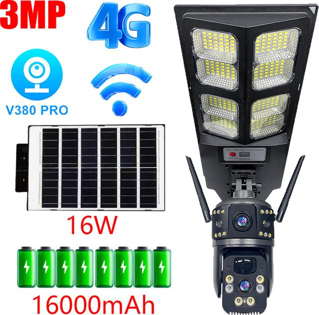 Leshine 3MP 4G Dual-Objektiv Sicherheitskamera mit Solarpanel, WLAN und LED-Straßenbeleuchtung in Schwarz - Bild 1