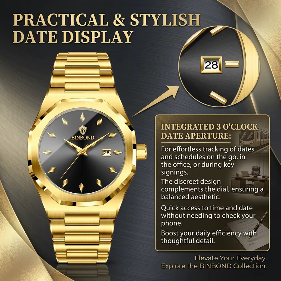 BINBOND Armbanduhr, Quarz, Edelstahl, Gold, rautenförmiges Zifferblatt, Datum, Unisex - Bild 3