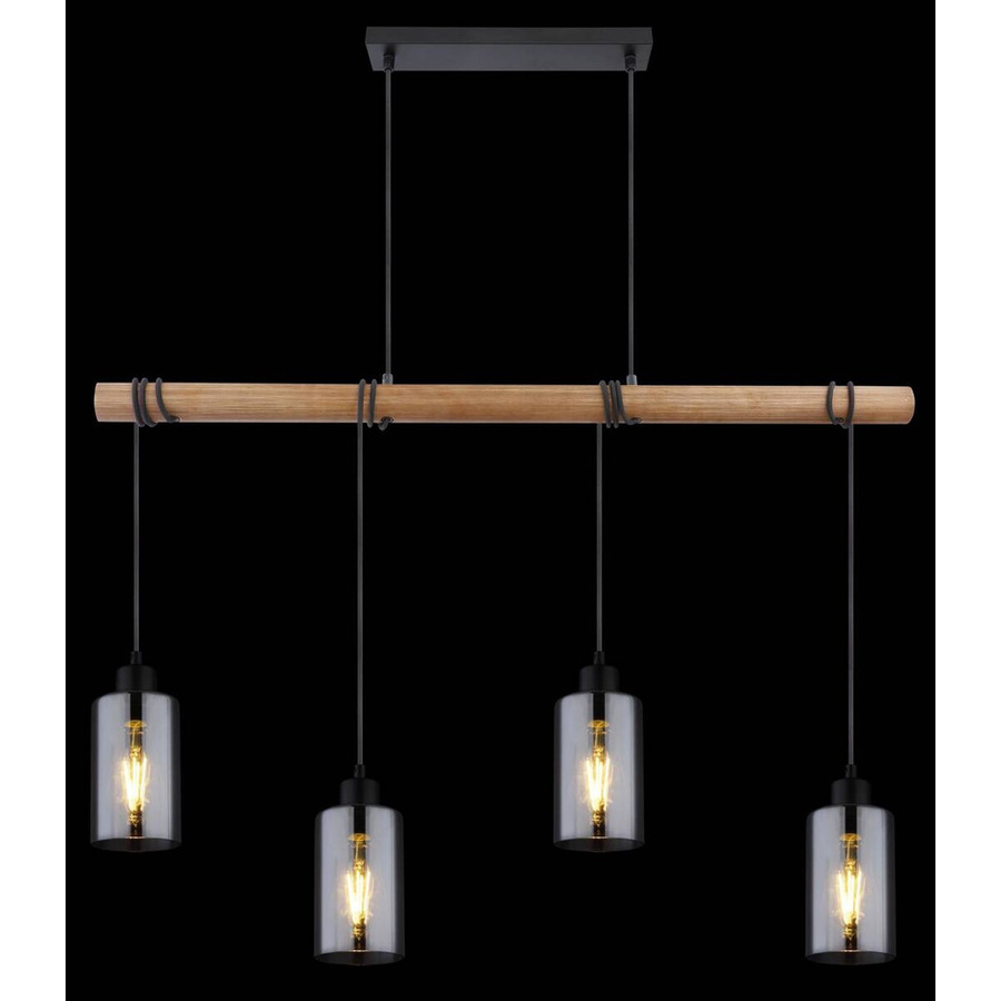 Globo Lighting Pendelleuchte Hadera 4-flammig aus Metall und Holz mit Rauchglas in Schwarz und Natur, B/H/T: 98 x 130 x 15 cm - Bild 3