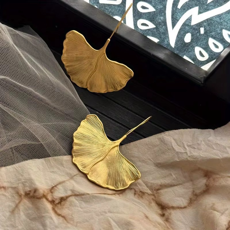 YoYo Anhänger-Ohrringe Ginkgo-Blatt-Form, Gold, Damen, Vintage - Bild 2
