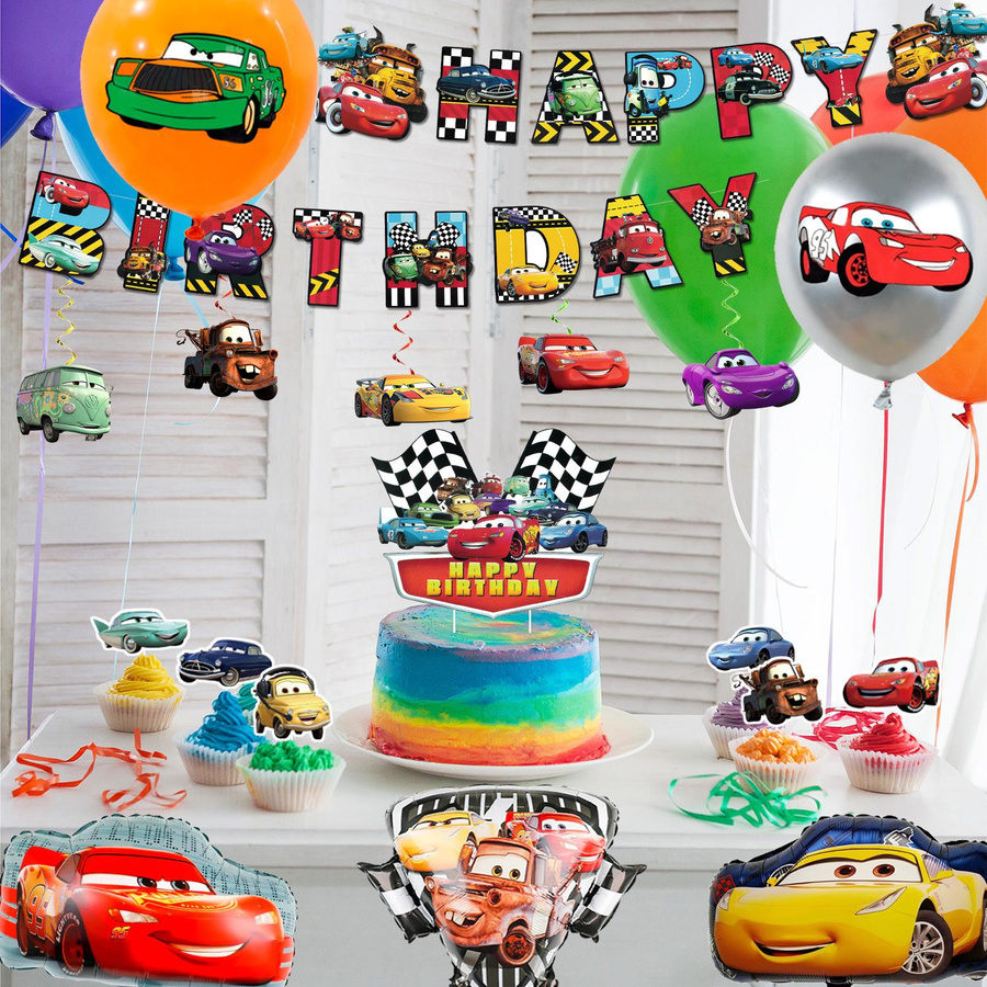 38-teiliges Cartoon Geburtstagsparty Dekorationsset von Party World in Schwarz und Rot mit Banner, Tischdecke, Ballons und Tortenaufsatz für Kinder - Bild 2