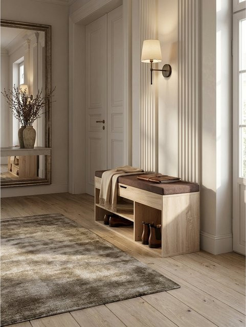 KADIMA DESIGN Schuhbank aus Holz mit Stoffbezug und Stauraum, Farbe Eiche/Braun, B/T/H: 104 x 32 x 51 cm - Bild 1
