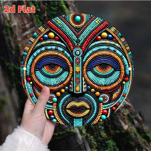 Potdemiel Afrikanische Maske Wandkunst aus Aluminium, Rundes Retro-Dekor mit Perlendesign in Multicolor, Durchmesser: 20 cm - Bild 1