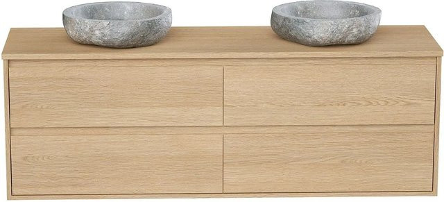 Doppelwaschtisch Milipam in Beige mit Eichenfurnier und Steinoptik, Breite: 150 cm - Bild 1