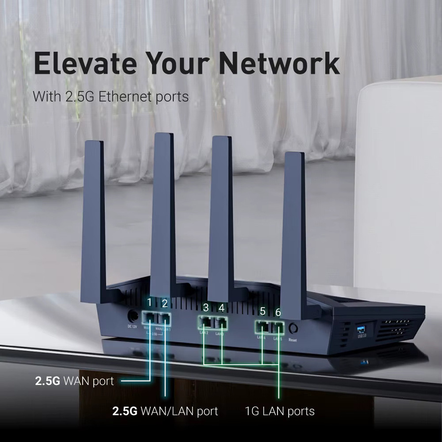 GL.iNet Flint 2 GL-MT6000 Wi-Fi 6 Gaming-Router in Schwarz mit Dual-2.5G-Ports und 8-Stream WLAN bis zu 6 Gbit/s - Bild 4