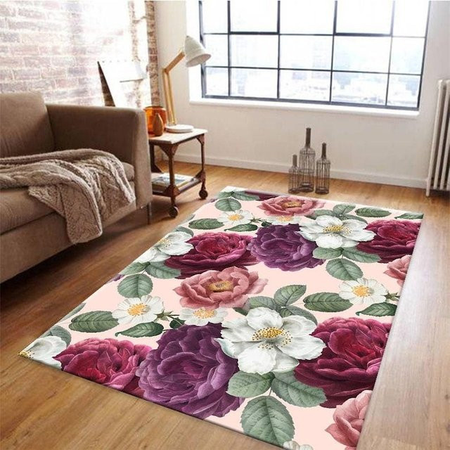 Karpetti Blumenteppich mit Rosenmuster in Lila und Grau, Waschbarer Teppich für Wohnzimmer und Schlafzimmer, B/T: 60 x 90 cm - Bild 1