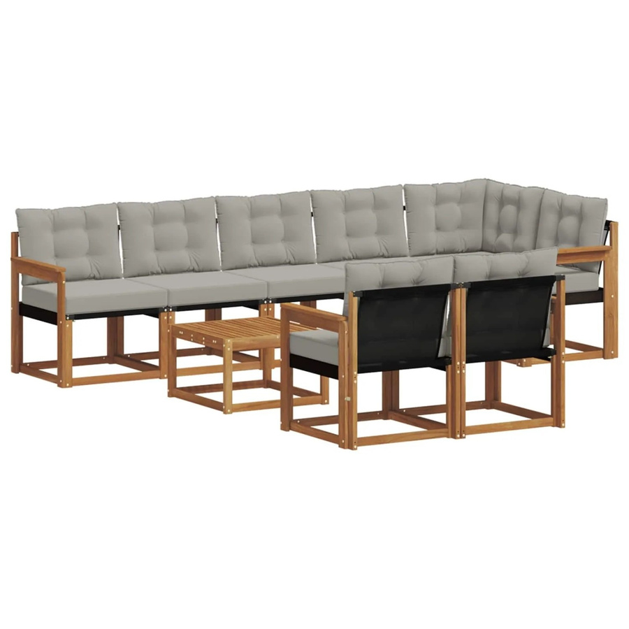 vidaXL Outdoor-Sofagarnitur 9-teilig aus Akazienholz und Textilene in L-Form mit Kissen, Farbe: Natur und Hellgrau - Bild 2