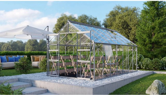 Vitavia Gewächshaus Meridian 2 mit Aluminium-Vorzugsset in Silber, Sicherheitsglas 3 mm, Satteldach, Doppelschiebetür, 2 Dachfenstern, 1 Seitenfenster und Regenrinnen, B/T/H: 441 x 254 x 232 cm - Bild 1