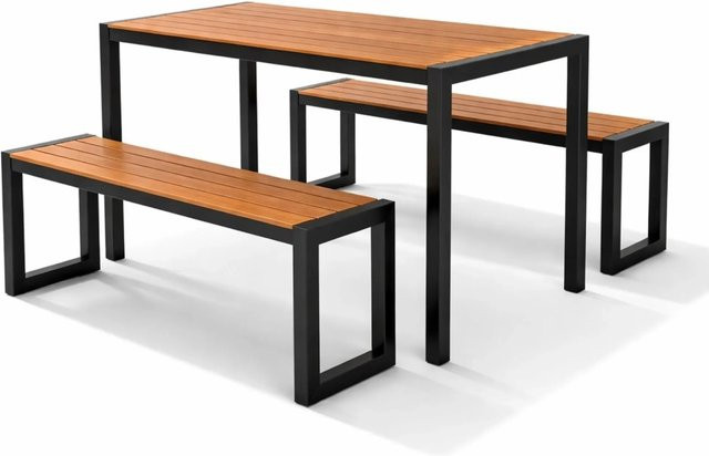 BERLINLODGE Bierzeltgarnitur MALLORCA 3-teiliges Gartenmöbel-Set für 4 Personen in Braun mit Tisch und 2 Bänken aus Kunststoff und Metall in Holzoptik - Bild 1