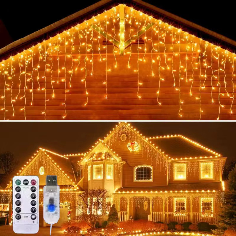 OKAL RED EAST Eiszapfen-Vorhang-Girlande mit LED-Leuchten und Fernbedienung, 3,5 m USB-Lichterkette für Weihnachtsdekoration - Bild 1