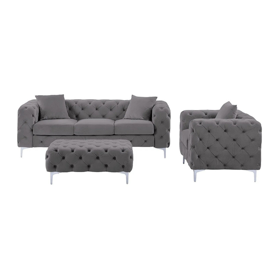 Vente-unique Couchgarnitur Edwina in Anthrazitgrau bestehend aus 3-Sitzer-Sofa, Sessel und passendem Ottoman im Chesterfield-Stil mit Samtbezug, B/T/H: 220 x 106 x 103 cm - Bild 2