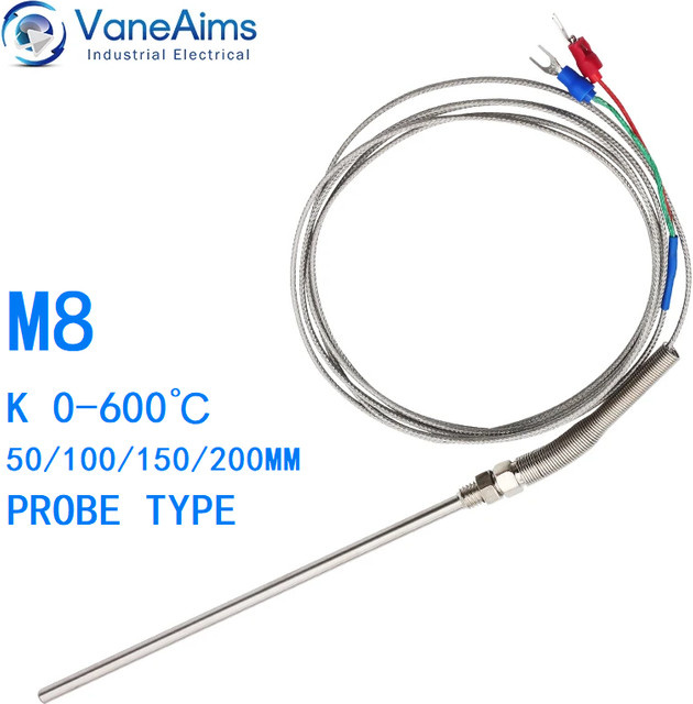 VaneAims Thermoelement Typ K Temperatursensor mit M8 Kompressionsfeder-Sonde und 2 Anschlüssen, Farbe: Silber, Messbereich 0-600 ℃, Länge: 1 m - Bild 1
