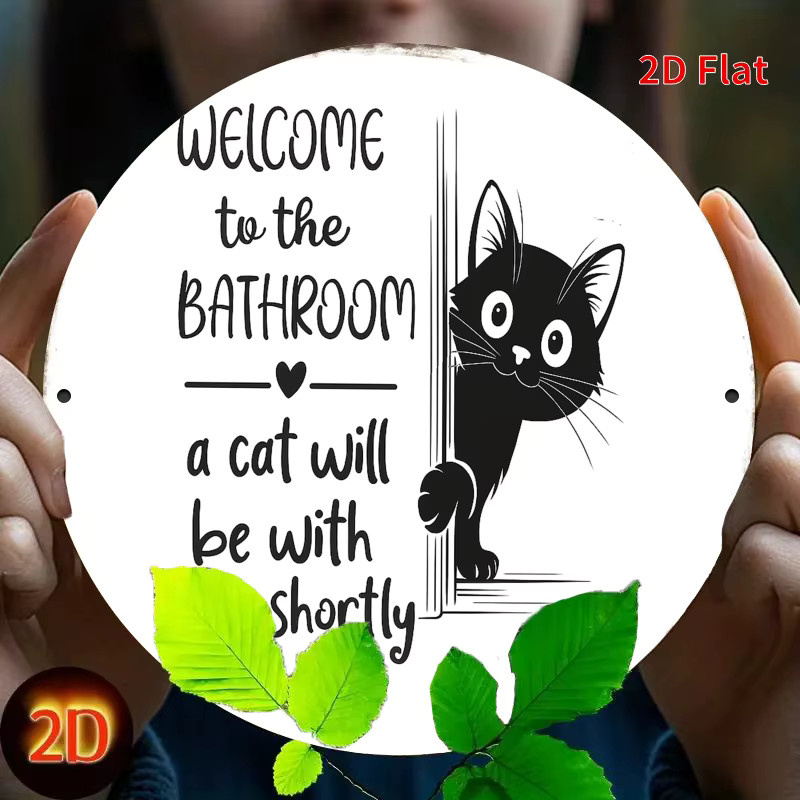 Potdemiel Badezimmer-Türschild Welcome to the Bathroom mit Katzenmotiv, rundes Metall-Türschild in Schwarz-Weiß, Durchmesser: 20 cm - Bild 4