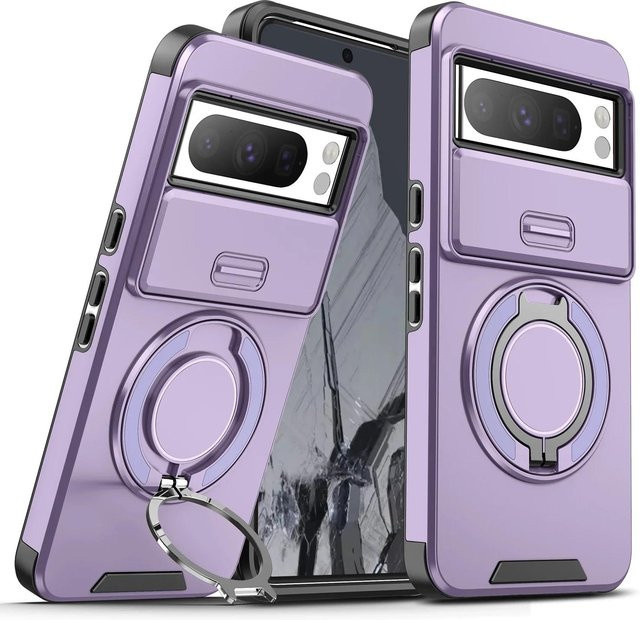 Stoßsichere Hybrid-Doppelschicht Schutzhülle mit magnetischem Metallring-Ständer und schiebbarem Kameraobjektiv-Schutz für Google Pixel 9 Pro XL 8 Pro 7 Pro 8a in Violett - Bild 1