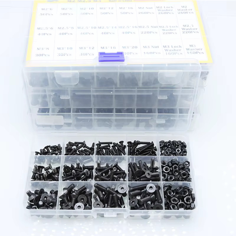 YMAX Innensechskantschrauben Set aus Kohlenstoffstahl G10,9 mit Flachkopf, M2 bis M6 inklusive Muttern und Unterlegscheiben - Bild 2