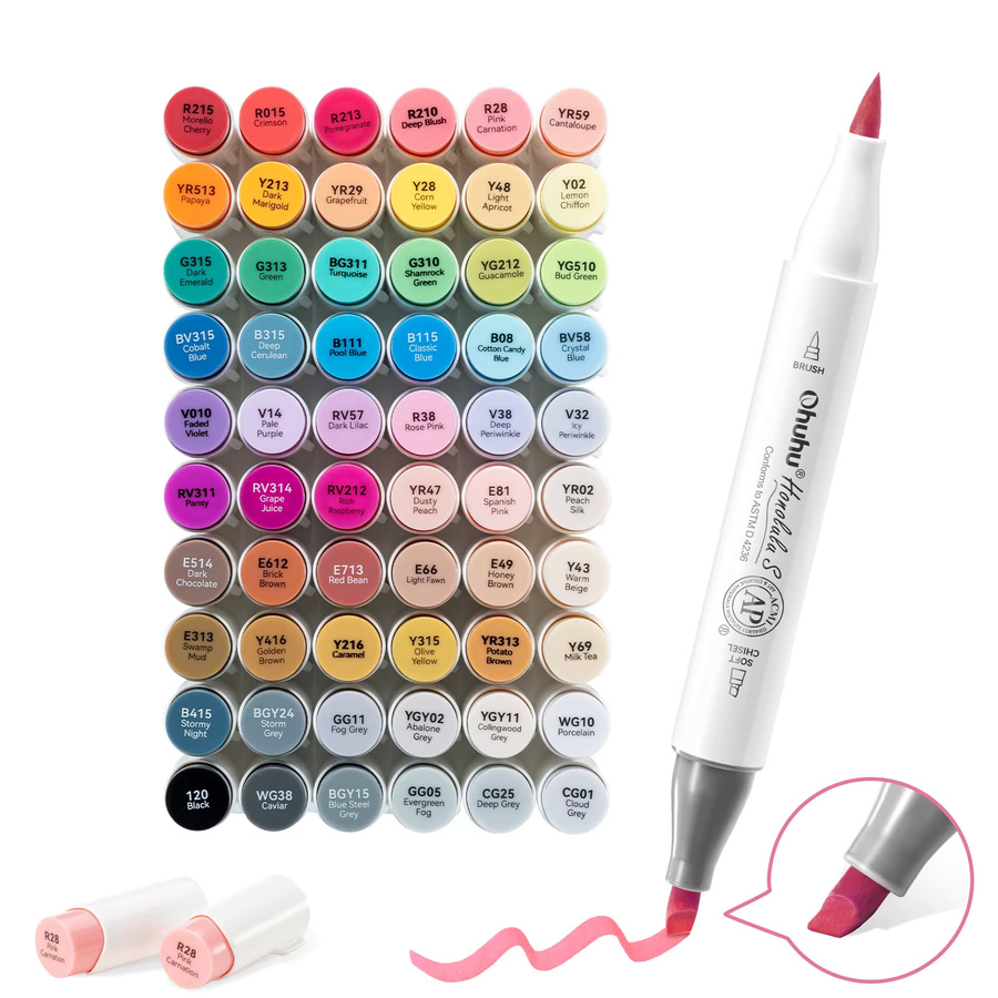 Ohuhu Honolulu S 60 Alkohol-Kunstmarker Set mit Brush-Spitze für Illustrationen und Zeichnungen, Mehrfarbig mit rotem Punkt-Design - Bild 3