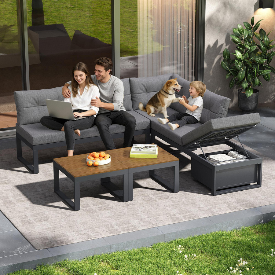 Gomyway L-Shape Gartenmöbelset in Grau mit Polsterung, verstellbaren Kopfstützen und integriertem Stauraum für Terrasse, Balkon und Garten - Bild 2
