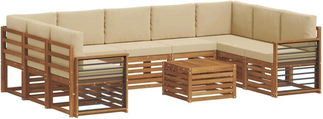 vidaXL Sofagarnitur aus Massivholz Akazie in Natur und Beige, 10-teiliges U-Shape Set mit Polstern und Armlehnen - Bild 1