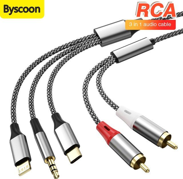 3-in-1 Audio-Adapter Set mit 3,5 mm Klinke, USB-C und Lightning auf 2 Cinch-Audiokabel für Verstärker, Auto und Heimkino-Lautsprecher - Bild 1
