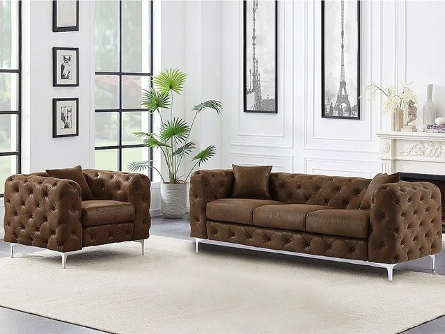 Couchgarnitur Edwina von Vente-unique im Chesterfield-Stil mit Sessel, Farbe Braun, Material Kunstleder, Breite: 220 cm, Breite Sessel: 106 cm - Bild 1