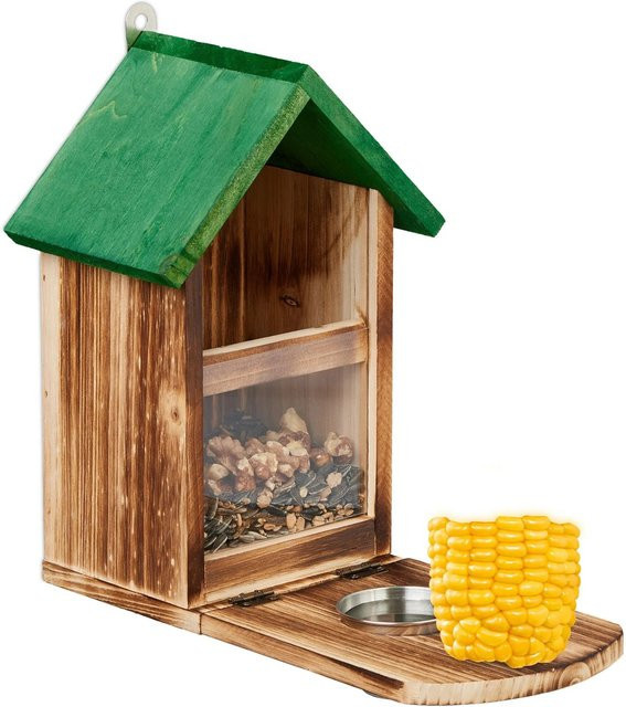 Relaxdays Eichhörnchen Futterhaus aus Tannenholz in Natur Grün mit Maiskolbenhalter, B/T/H: 28 x 17 x 28,5 cm - Bild 1