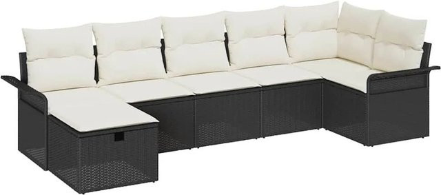 vidaXL Gartensofa-Set 7-tlg aus Poly-Rattan in Schwarz und Beige mit Kissen und Couchtisch - Bild 1