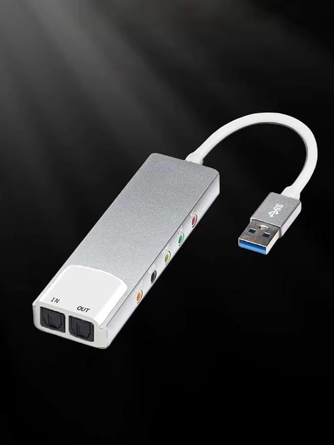 USB-Audioadapter AC-3 DTS Soundkarte mit 7.1 und 5.1 Kanal sowie SPDIF und optischem Anschluss in Grau aus Aluminiumlegierung - Bild 3