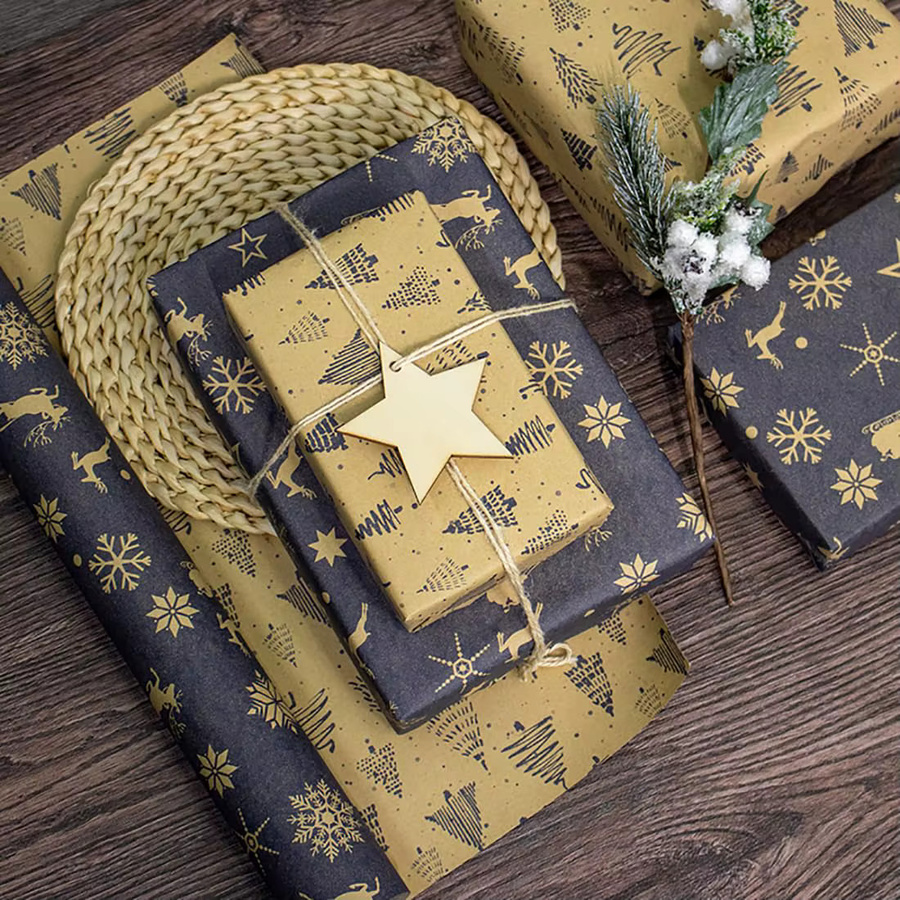 Weihnachts-Geschenkpapierrolle aus Vintage-Kraftpapier in Marineblau und Braun, 1 Rolle - Bild 3