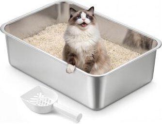 Feandrea Katzenklo aus Edelstahl in Silber, offene Katzentoilette, geruchsfrei und leicht zu reinigen, B/T/H: 40 x 30 x 10 cm - Bild 1