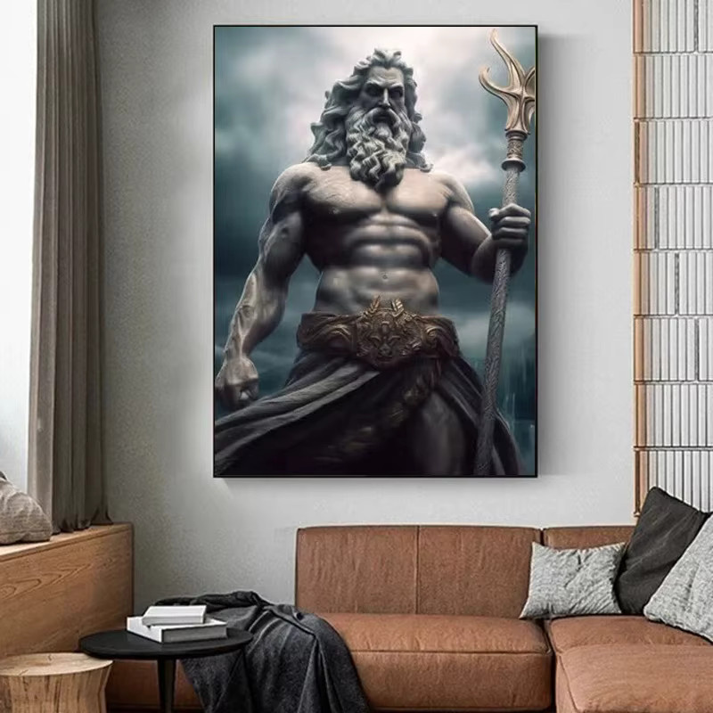 Minimalistisches Leinwandgemälde Zeus-Skulptur von Potdemiel in Schwarz-Weiß als Wandkunst im Porträtformat - Bild 3