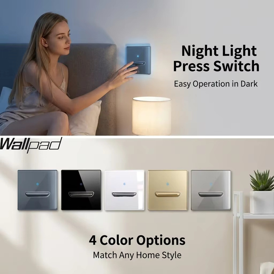 Wallpad Wandlichtschalter aus gehärtetem Glas mit blauer LED-Nachtbeleuchtung in den Farben Weiß, Schwarz, Grau und Gold/Messing - Bild 2