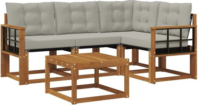 vidaXL Outdoor-Sofagarnitur 5-teilig aus Akazienholz und Textilene in Natur und Hellgrau mit Kissen und Armlehnen - Bild 1