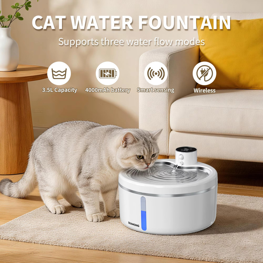 ERAMONG Automatischer Trinkbrunnen für Katzen, kabelloser Haustier-Wasserspender in Weiß mit 2,5 l Füllmenge, Smart-Sensor und Filter - Bild 2
