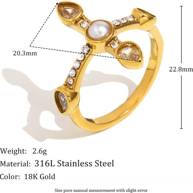 MamacitaSlay Ring, Edelstahl, Gold, Perle, Zirkonia, Damen, Vintage - Bild 1