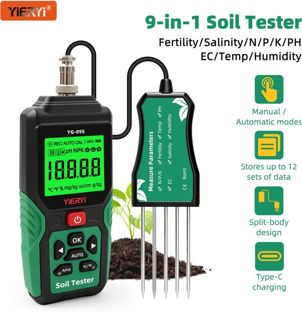 YIERYI 9-in-1 Digitaler Bodentester NPK-Sensor zur Messung von pH-Wert, EC-Wert, Temperatur, Feuchtigkeit und Salzgehalt für deinen Garten - Bild 1