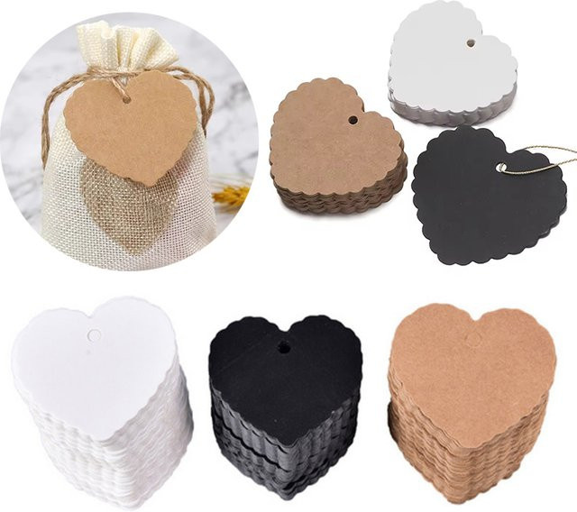 ZYF Herzförmige Kraftpapier-Etiketten zum Aufhängen, 100 Stück, Blanko Beschriftungsetiketten für DIY-Bastelarbeiten, Farben: Schwarz, Weiß, Braun - Bild 1