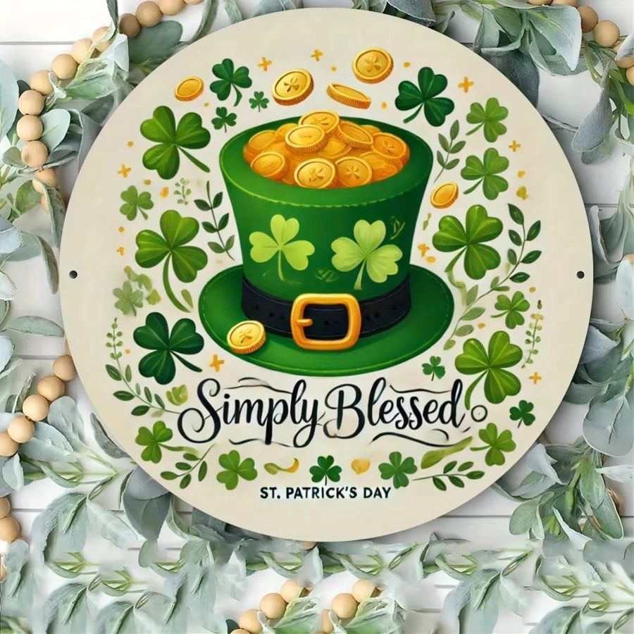Simply Blessed Garden Art Wanddekoration aus Metall für St. Patrick's Day, rundes Eisen-Schild mit Koboldhut und Kleeblatt, Grün, Durchmesser: 20,32 cm - Bild 5