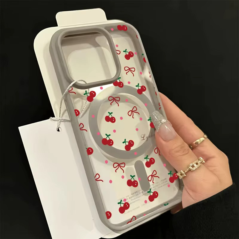 Transparente Samsung Handyhülle mit rotem Kirschblüten-Schleifenmuster und Magnetfunktion in Rot und Pink - Bild 4